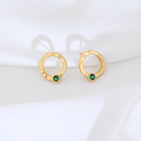 Gold Hammered Circle Stud Earrings Dainty Gold Plated Emerald Earrings for Women Trendy Round Earrings with Sterling Silver Post for Gift in Saudi Arabia