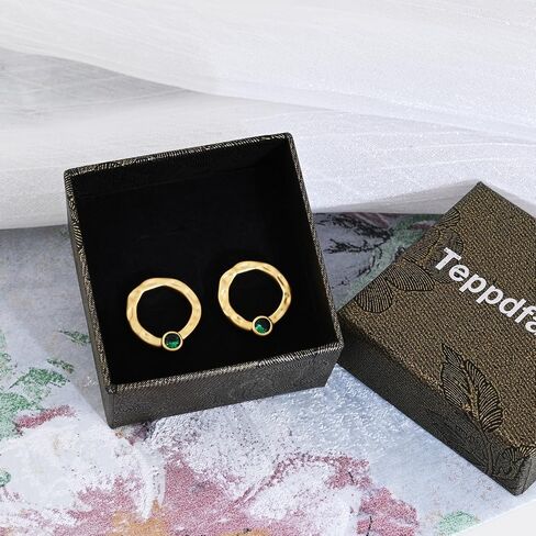 Gold Hammered Circle Stud Earrings Dainty Gold Plated Emerald Earrings for Women Trendy Round Earrings with Sterling Silver Post for Gift in Saudi Arabia