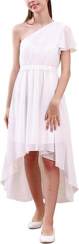 فستان GORLYA للفتيات بكتف واحد وأكمام مكشكشة أنيق بحاشية عالية ومنخفضة لحفلات الزفاف وطويل من الشيفون الانسيابي 10-16 سنة in Kuwait