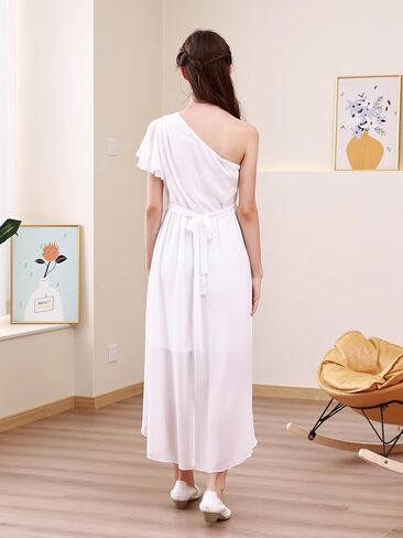 فستان GORLYA للفتيات بكتف واحد وأكمام مكشكشة أنيق بحاشية عالية ومنخفضة لحفلات الزفاف وطويل من الشيفون الانسيابي 10-16 سنة in Kuwait