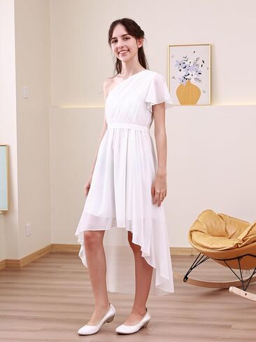 فستان GORLYA للفتيات بكتف واحد وأكمام مكشكشة أنيق بحاشية عالية ومنخفضة لحفلات الزفاف وطويل من الشيفون الانسيابي 10-16 سنة in Kuwait