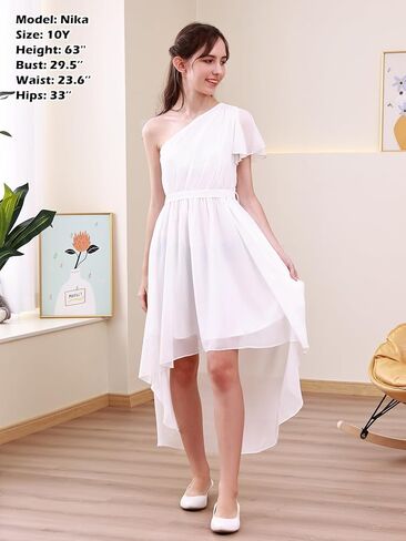 فستان GORLYA للفتيات بكتف واحد وأكمام مكشكشة أنيق بحاشية عالية ومنخفضة لحفلات الزفاف وطويل من الشيفون الانسيابي 10-16 سنة in Kuwait