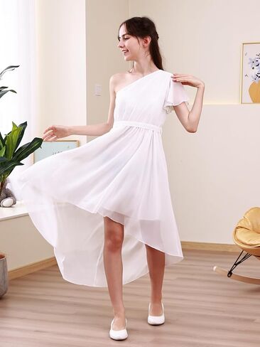 فستان GORLYA للفتيات بكتف واحد وأكمام مكشكشة أنيق بحاشية عالية ومنخفضة لحفلات الزفاف وطويل من الشيفون الانسيابي 10-16 سنة in Kuwait