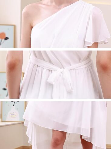 فستان GORLYA للفتيات بكتف واحد وأكمام مكشكشة أنيق بحاشية عالية ومنخفضة لحفلات الزفاف وطويل من الشيفون الانسيابي 10-16 سنة in Kuwait