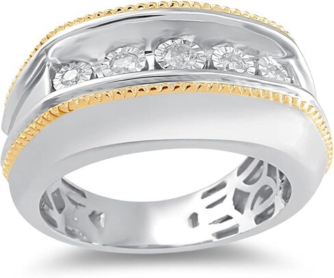 خاتم رجالي من الذهب الأصفر من Jewelili على الفضة الإسترليني 1/5 قيراط من الألماس المستدير الأبيض الطبيعي المطلي بمعجزة in Saudi Arabia
