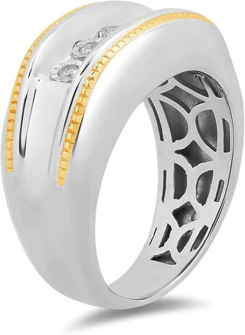 خاتم رجالي من الذهب الأصفر من Jewelili على الفضة الإسترليني 1/5 قيراط من الألماس المستدير الأبيض الطبيعي المطلي بمعجزة in Saudi Arabia