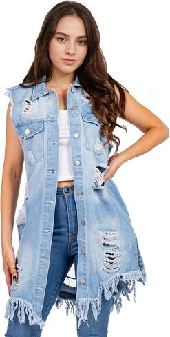 Songling Women's Distressed Ripped Sleeveless Mid Long Denim Jacket Jean Vest Cardigan Coats in Kuwait