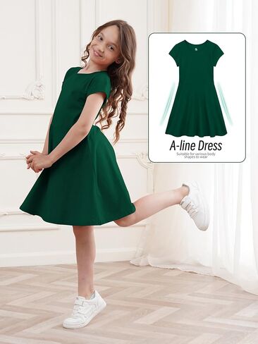 Girls Skater Dress Toddler Summer Dress Cotton Casual Short Sleeve Twirly Solid Color for Kids 2-12 Years in Kuwait