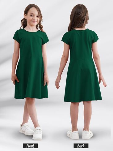 Girls Skater Dress Toddler Summer Dress Cotton Casual Short Sleeve Twirly Solid Color for Kids 2-12 Years in Kuwait