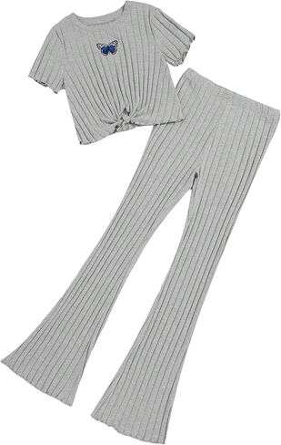 Floerns Girls 2 Piece Outfit Twist Hem Tee Shirt and Flare Leg Pants Set in Saudi Arabia