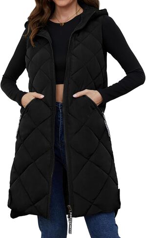 سترة منتفخة طويلة بغطاء للرأس للنساء من Gihuo سترات شتوية بدون أكمام بسحاب معطف دافئ ملابس خارجية مع جيوب in Kuwait