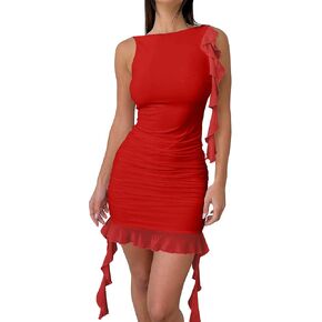 Kaximil Women's Sexy Bodycon Sleeveless Mini Dress Ruffle Ruched Backless Club Party Short Dresses