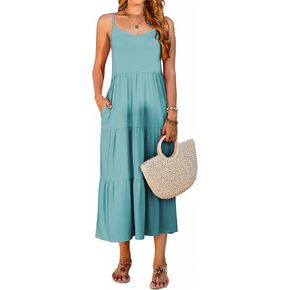 Halife Womens Flowy Tiered Maxi Dress Sleeveless Summer Sundresses Adjustable Straps Long Beach Sun Dresses with Pockets