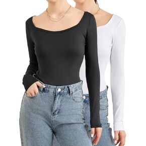 Womens 2 Piece Long Sleeve Shirts Going Out Tops Basic Slim Fitted Shirts Casual Fashion 2024 Y2k Tops Teen Girl Clothes