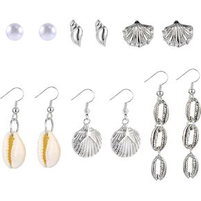 Beach Summer Sea Shell Earrings For Women and Girls, 4pair Tropical White Natural Scallop Shell Jewelry Boho Earring Set Bulk Pack Vacation Dangling Drop Light Formal in Kuwait