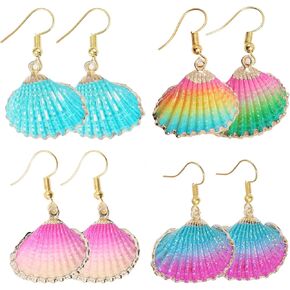 Beach Summer Sea Shell Earrings For Women and Girls, 4pair Tropical White Natural Scallop Shell Jewelry Boho Earring Set Bulk Pack Vacation Dangling Drop Light Formal
