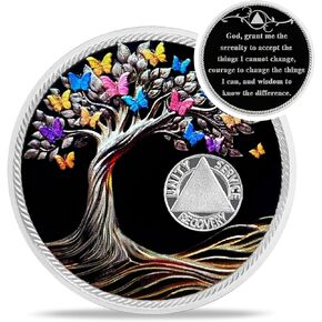 Delicate 25 Year Sobriety Coin - Recovery Butterfly Tree of Life AA Coins - 25 Year NA HA AA Chips and Medallions - 1-62 Years Living Clean Narcotics Alcoholics Anonymous Gifts for Men Women