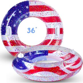 Leitee 2 Pcs Patriotic Inflatable Pool Float Tube with Handles USA Flag Inflatable Pool Float with Confetti Design Swimming Ring Float Summer Floaties for Adults Kid Beach Party (36 inch) in Saudi Arabia