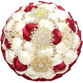 Emerald Green Bridal Wedding Bouquet Luxury Gold Rhinestone Brooch Bouquet for Bride Bridesmaid Quinceanera Satin Rose Artificial Flower Bouquet Wedding Emerald Green 8.3in