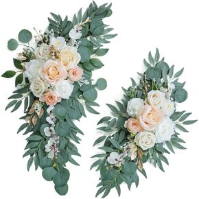 Artificial Dusty Blue Wedding Arch Flower Swags Set of 2 for Wedding Welcome Signs Floral and Wedding Reception Ceremony Decorations, White Wedding Flowers Decor