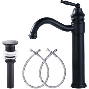 GGStudy Tall Body Single Handle One Hole Bathroom Vessel Sink Faucets Copper Finish With Pop Up Drian Without Overflow