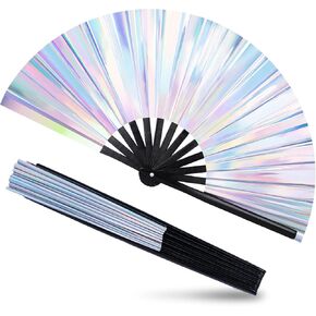 JOHOUSE Large Folding Fan, 13 Inch Glitter Rave Hand Fan Holographic Laser Color Handheld Fan for Rave Outfits Accessories, Music Festival, Crazy Club Party, Dance for Men Women, Black