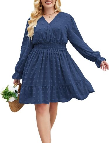 IN'VOLAND Women's Plus Size Swiss Dot Dress Long Sleeve V Neck Chiffon Smocked Short Dress Flowy Ruffle Babydoll Midi Dresses in Saudi Arabia