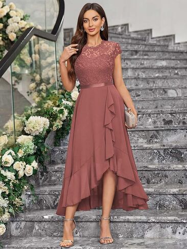 Miusol Women's Retro Lace Contrast Chiffon Ruffle Evening Maxi Dress in Saudi Arabia