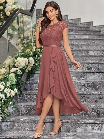 Miusol Women's Retro Lace Contrast Chiffon Ruffle Evening Maxi Dress in Saudi Arabia