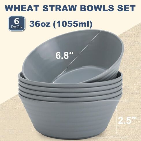 Wheat Straw Bowl Sets,6 PCS Unbreakable Cereal Bowl 36 OZ,Microwave and Dishwasher Safe Bowls,Soup Bowl Sets BPA Free Eco Friendly Bowl for Serving Soup,Oatmeal and Salad （Black Grey） in Saudi Arabia