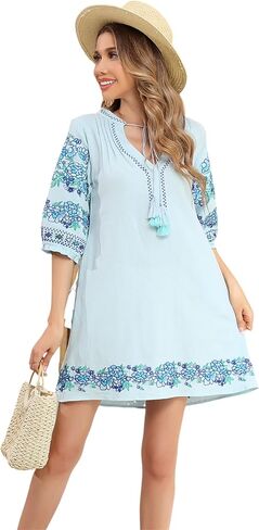 R.Vivimos Women's Autumn 3/4 Sleeve Cotton V Neck Floral Embroidery Casual Tunic Dresses in Saudi Arabia