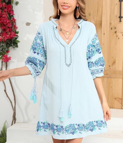 R.Vivimos Women's Autumn 3/4 Sleeve Cotton V Neck Floral Embroidery Casual Tunic Dresses in Saudi Arabia