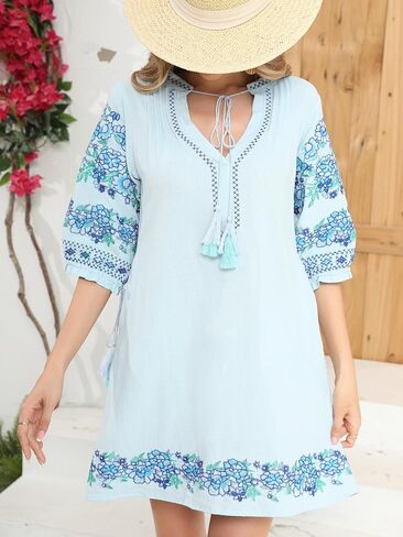 R.Vivimos Women's Autumn 3/4 Sleeve Cotton V Neck Floral Embroidery Casual Tunic Dresses in Saudi Arabia