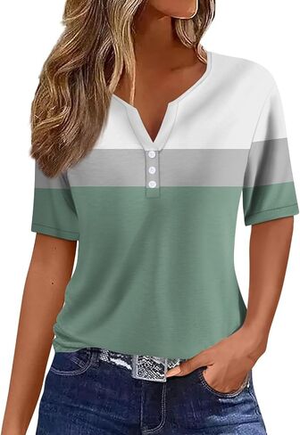 Tops for Women Women's Casual V Neck Short Sleeve T Shirts Basic Summer Tops Button Loose Print Blouse in Saudi Arabia