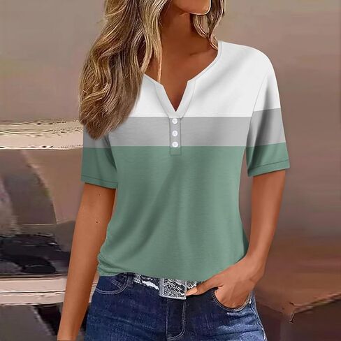 Tops for Women Women's Casual V Neck Short Sleeve T Shirts Basic Summer Tops Button Loose Print Blouse in Saudi Arabia
