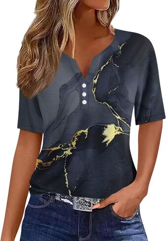 Tops for Women Women's Casual V Neck Short Sleeve T Shirts Basic Summer Tops Button Loose Print Blouse in Saudi Arabia