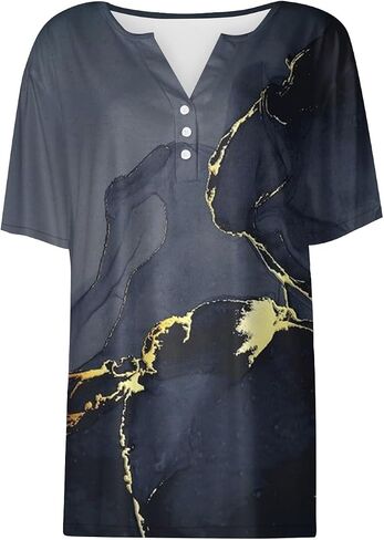Tops for Women Women's Casual V Neck Short Sleeve T Shirts Basic Summer Tops Button Loose Print Blouse in Saudi Arabia