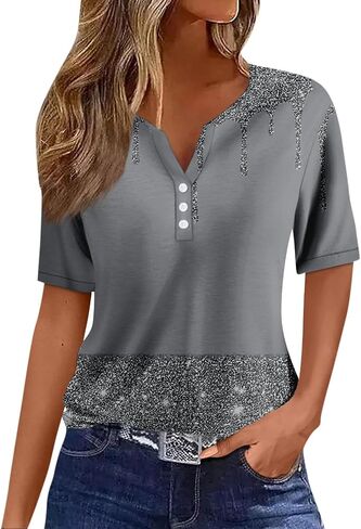 Tops for Women Women's Casual V Neck Short Sleeve T Shirts Basic Summer Tops Button Loose Print Blouse in Saudi Arabia