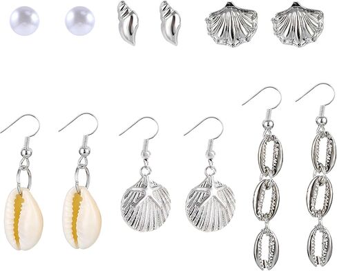 شاطئ الصيف البحر شل الأقراط للنساء والفتيات، 4 أزواج الاستوائية الأبيض الطبيعي التقوقع شل مجوهرات بوهو القرط مجموعة السائبة عطلة متدلية قطرة ضوء رسمي in Kuwait