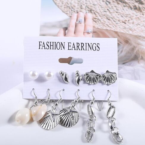 شاطئ الصيف البحر شل الأقراط للنساء والفتيات، 4 أزواج الاستوائية الأبيض الطبيعي التقوقع شل مجوهرات بوهو القرط مجموعة السائبة عطلة متدلية قطرة ضوء رسمي in Kuwait