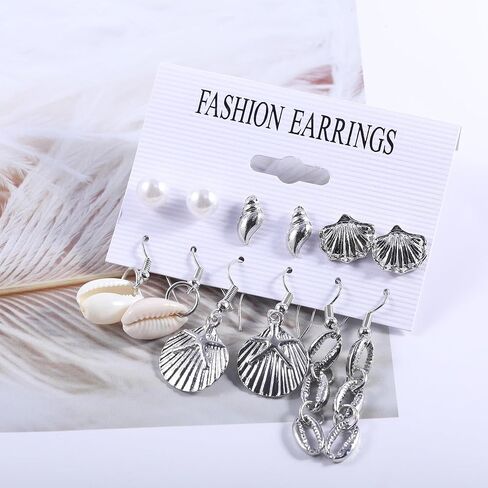 شاطئ الصيف البحر شل الأقراط للنساء والفتيات، 4 أزواج الاستوائية الأبيض الطبيعي التقوقع شل مجوهرات بوهو القرط مجموعة السائبة عطلة متدلية قطرة ضوء رسمي in Kuwait