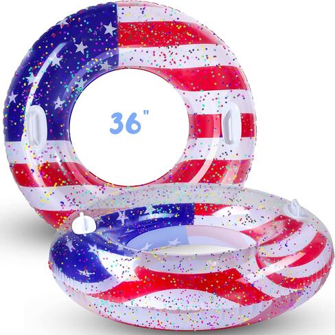 Leitee 2 Pcs Patriotic Inflatable Pool Float Tube with Handles USA Flag Inflatable Pool Float with Confetti Design Swimming Ring Float Summer Floaties for Adults Kid Beach Party (36 inch) in Saudi Arabia