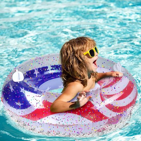 Leitee 2 Pcs Patriotic Inflatable Pool Float Tube with Handles USA Flag Inflatable Pool Float with Confetti Design Swimming Ring Float Summer Floaties for Adults Kid Beach Party (36 inch) in Saudi Arabia
