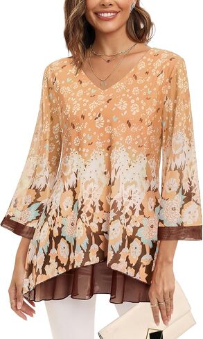 SeSe Code Women's 3/4 Sleeve Tunic Tops Asymmetrical Hem Dressy Casual Mesh Blouses in Saudi Arabia