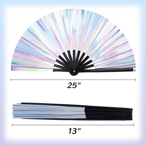 JOHOUSE Large Folding Fan, 13 Inch Glitter Rave Hand Fan Holographic Laser Color Handheld Fan for Rave Outfits Accessories, Music Festival, Crazy Club Party, Dance for Men Women, Black in Saudi Arabia