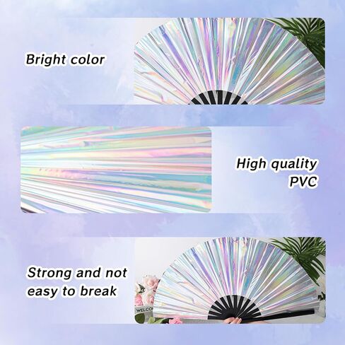JOHOUSE Large Folding Fan, 13 Inch Glitter Rave Hand Fan Holographic Laser Color Handheld Fan for Rave Outfits Accessories, Music Festival, Crazy Club Party, Dance for Men Women, Black in Saudi Arabia