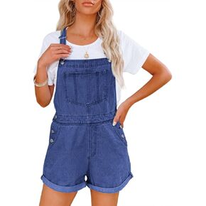 Pretifeel Womens Denim Shorts Overall Bib Adjustable Straps Cuffed Hem Summer Romper Casual Shortalls