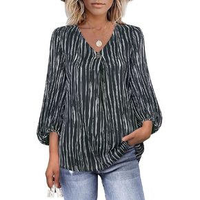 Bebonnie Womens Lantern 3/4 Sleeve Causal Loose V Neck Chiffon Blouses Tops