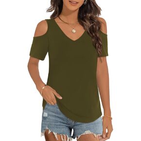 Elesomo Womens V Neck Cold Shoulder Tops Short/Long Sleeve Summer T Shirts Basic Tees