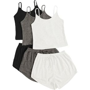 SOLY HUX Womens Pajama Sets Lounge Sets Ribbed Knit Cami Crop Top and Shorts Sleepwear PJ 3 Sets